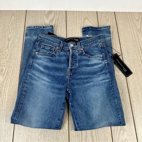 Veronica Beard Ryleigh Patched Knee Straight Leg Jeans 24/00 Atlas Blue $328